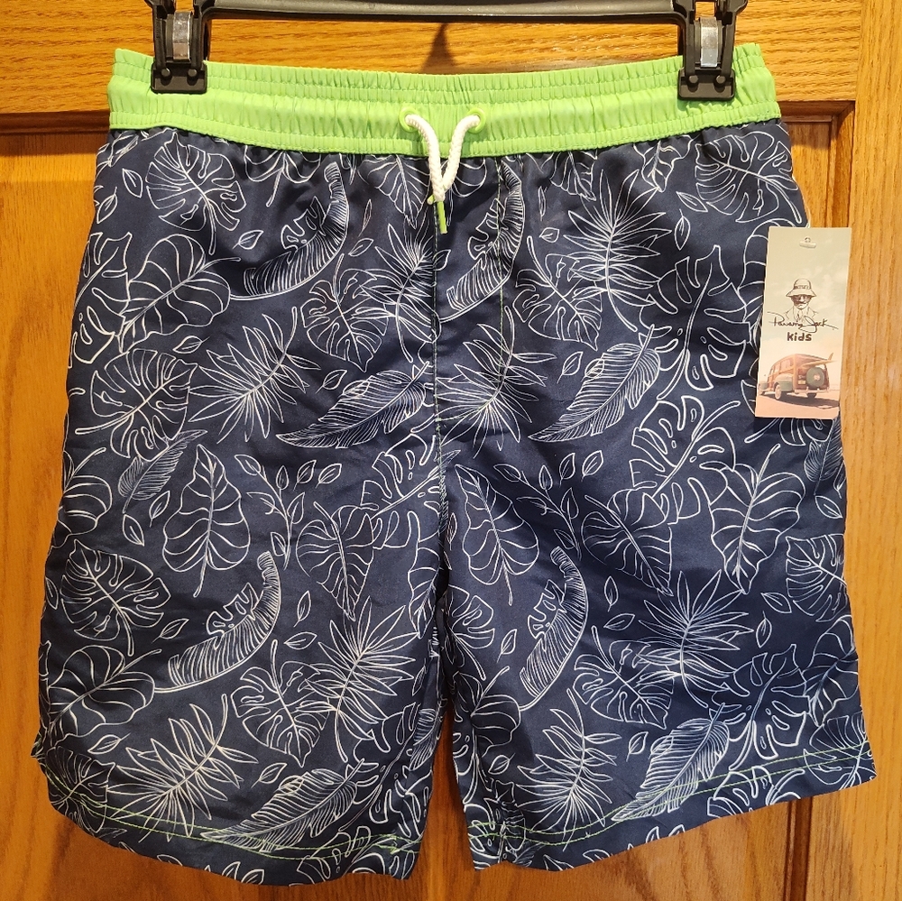Panama Jack Swim Shorts, Navy Tropical Print with Lime Waistband
